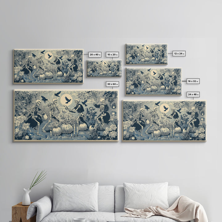 The Skeleton Gardeners, Macabre Folk Print Art, Wide Panoramic Art, Macabre Wall Art, Canvas Print, Halloween Wall Art