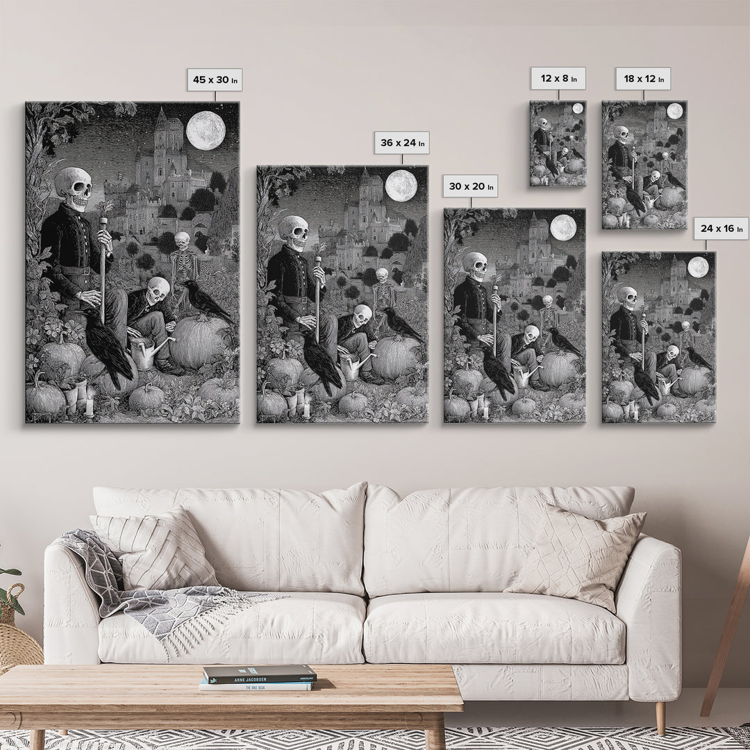 The Skeleton Gardeners, Victorian Macabre Art, Vertical Wall Art, Dark Fantasy Wall Art, Canvas Print, Halloween Wall Art