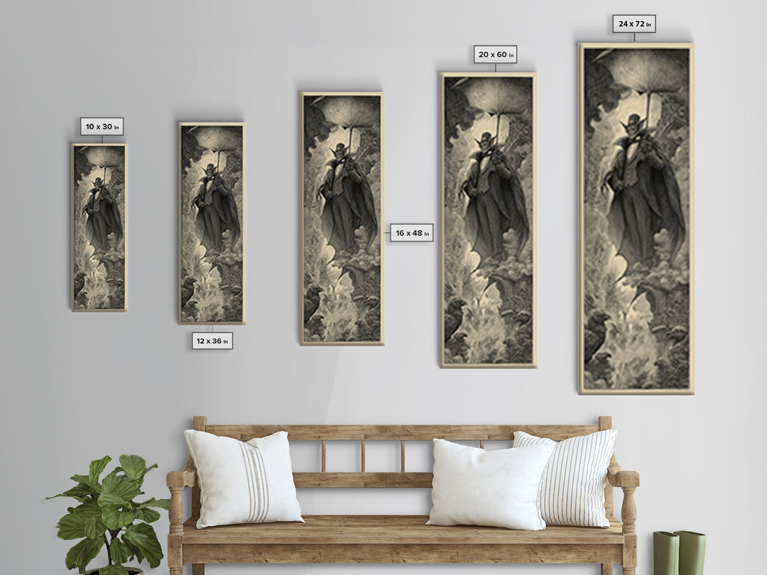 The Bat Umbrella Salesman, Gothic Engraving Art, Tall Narrow Wall Art, Macabre Wall Art, Canvas Print, Halloween Wall Art