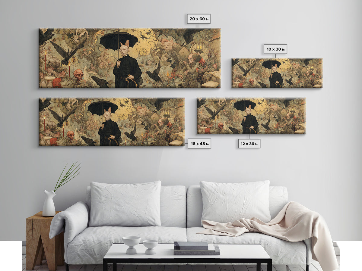 The Bat Umbrella Salesman, Medieval Grotesque Art, Extra Wide Wall Art, Gothic Horror Wall Art, Canvas Print, Halloween Wall Art