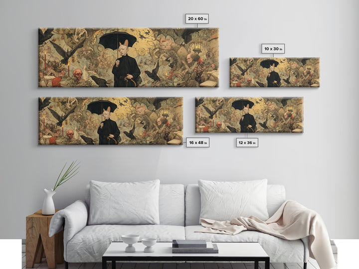 The Bat Umbrella Salesman, Medieval Grotesque Art, Extra Wide Wall Art, Gothic Horror Wall Art, Canvas Print, Halloween Wall Art