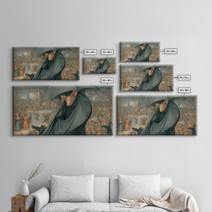 The Bat Umbrella Salesman, Northern Renaissance Horror, Wide Panoramic Art, Gothic Horror Wall Art, Framed Canvas Print