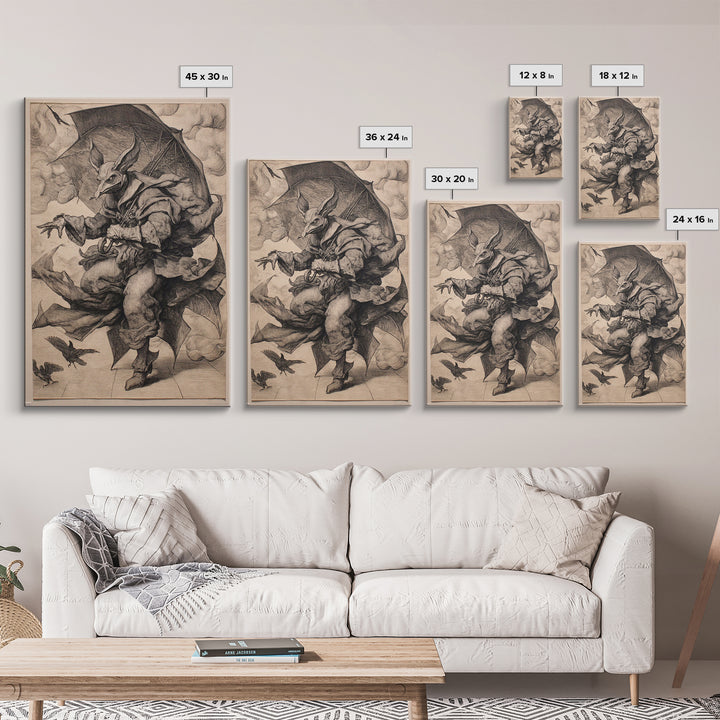 The Bat Umbrella Salesman, Renaissance Engraving Art, Vertical Wall Art, Dark Halloween Decor, Framed Canvas Print, Halloween Wall Art