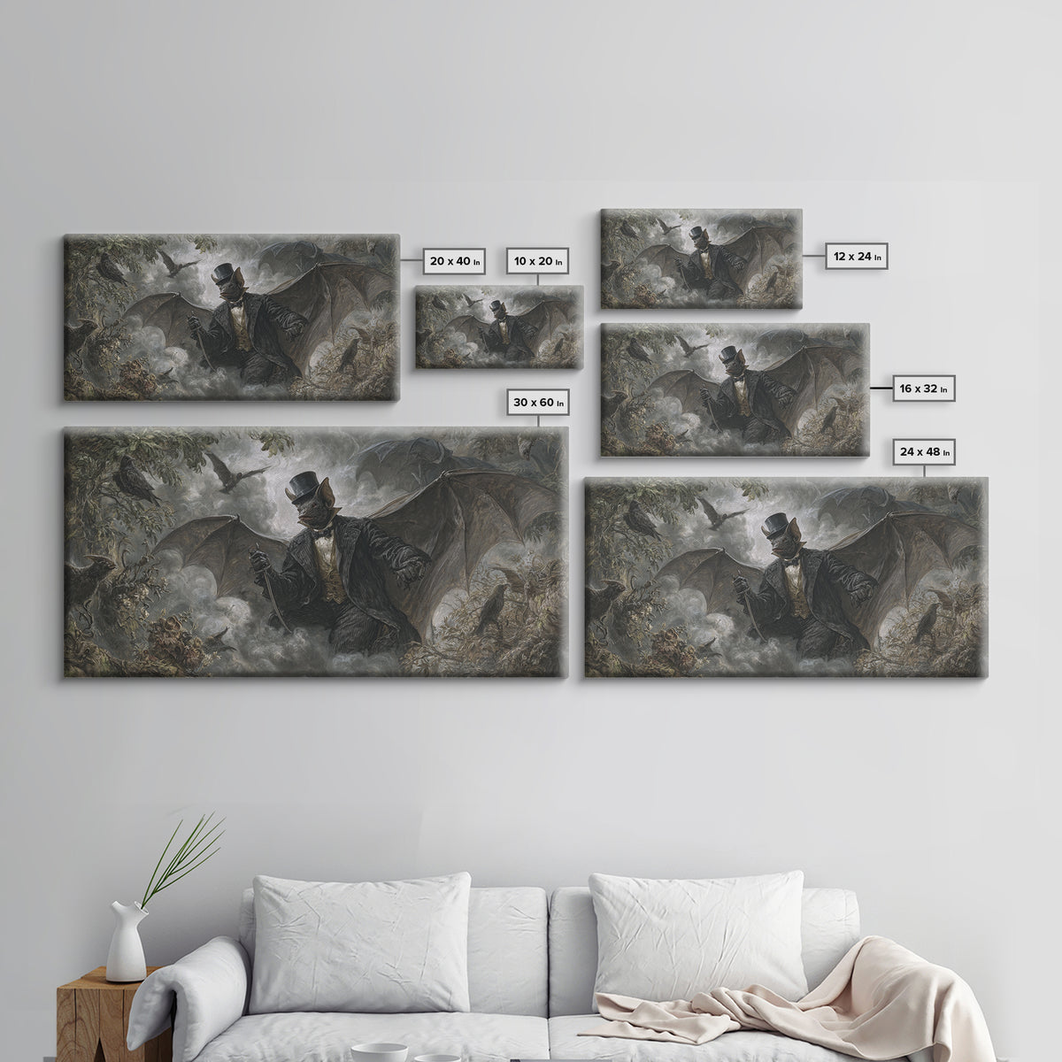 The Bat Umbrella Salesman, Baroque Witchcraft Art, Wide Panoramic Art, Dark Fantasy Wall Art, Canvas Print, Halloween Wall Art