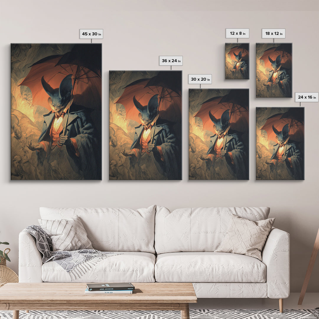 The Bat Umbrella Salesman, Gothic Nightmare Art, Vertical Wall Art, Dark Halloween Decor, Canvas Print, Halloween Wall Art