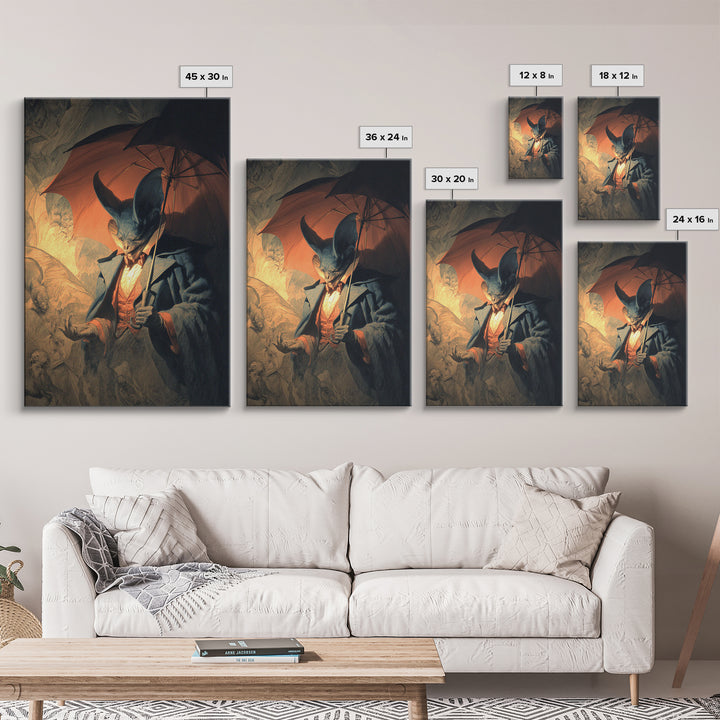 The Bat Umbrella Salesman, Gothic Nightmare Art, Vertical Wall Art, Dark Halloween Decor, Canvas Print, Halloween Wall Art
