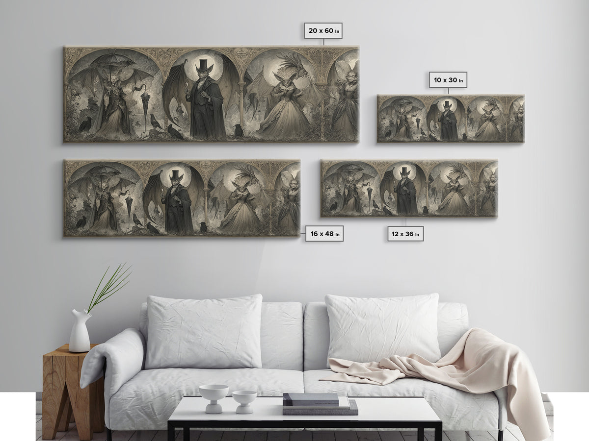 The Bat Umbrella Salesman, Visionary Gothic Art, Extra Wide Wall Art, Dark Halloween Decor, Framed Canvas Print, Halloween Wall Art