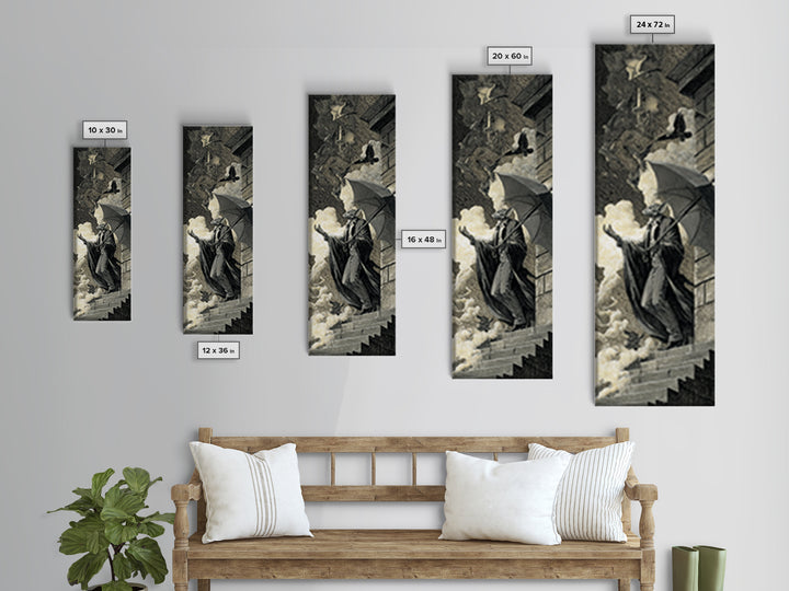 The Bat Umbrella Salesman, Architectural Etching Art, Tall Narrow Wall Art, Macabre Wall Art, Framed Canvas Print