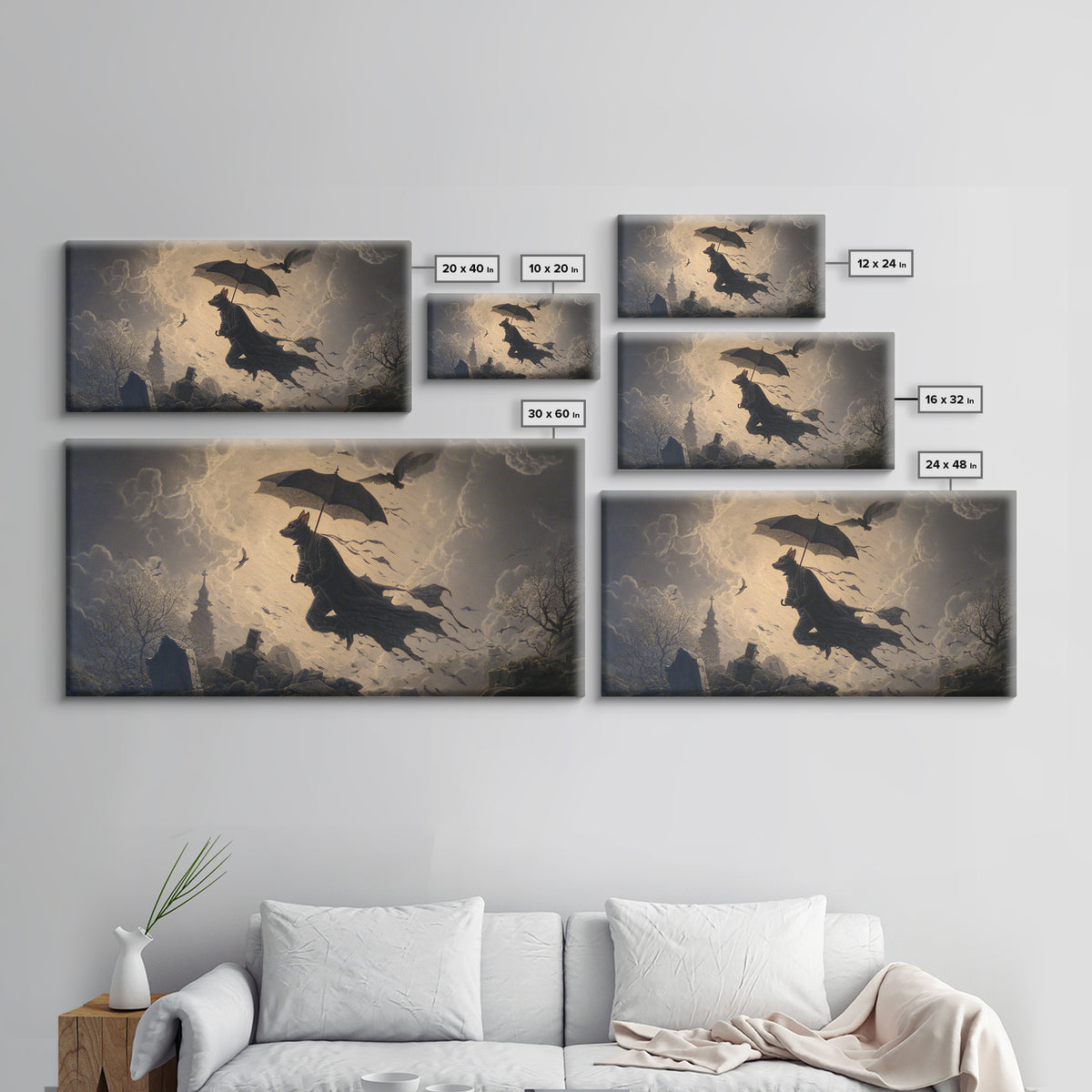 The Bat Umbrella Salesman, Romantic Gothic Landscape, Wide Panoramic Art, Dark Fantasy Wall Art, Canvas Print, Halloween Wall Art