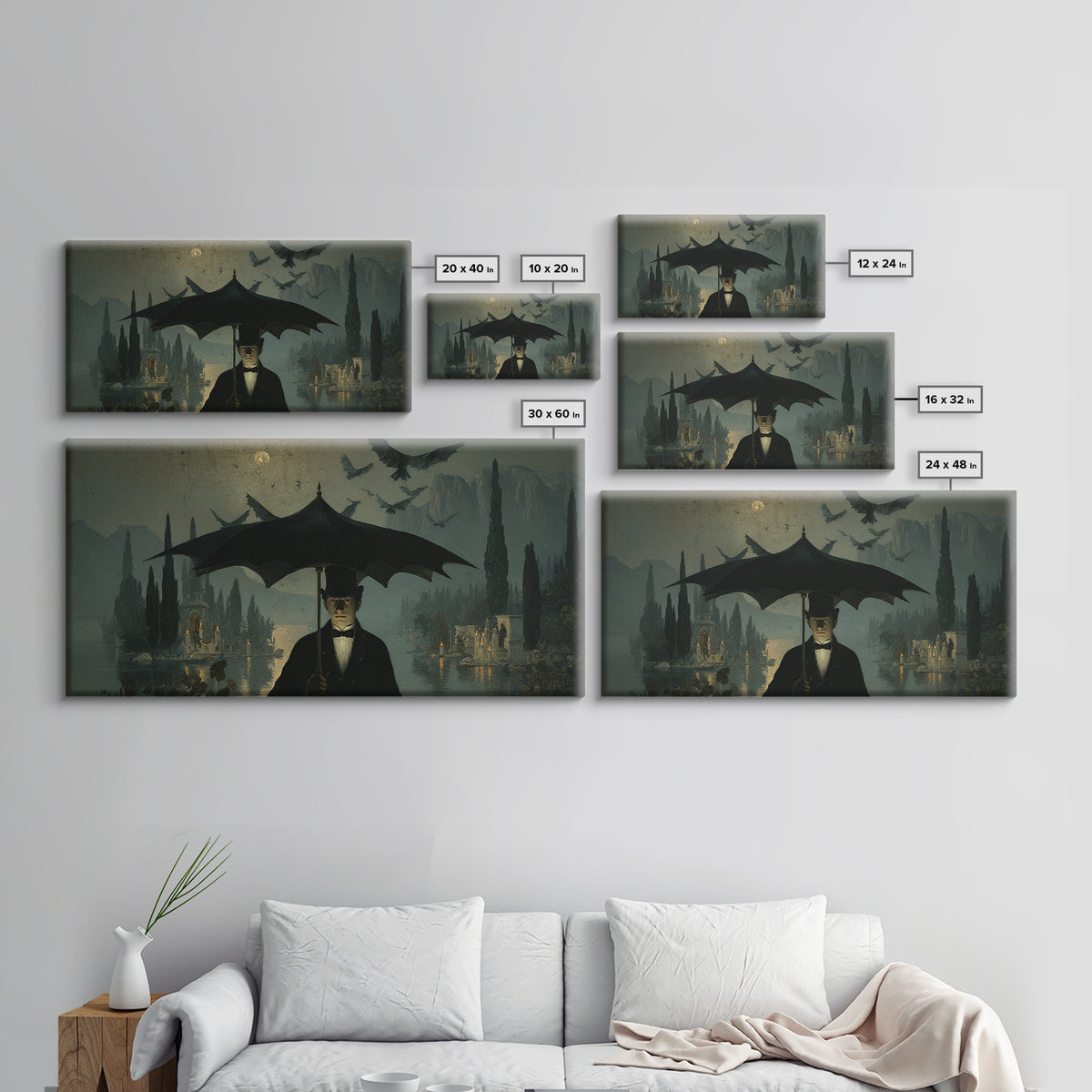 The Bat Umbrella Salesman, Symbolist Gothic Landscape, Wide Panoramic Art, Dark Halloween Decor, Canvas Print, Halloween Wall Art