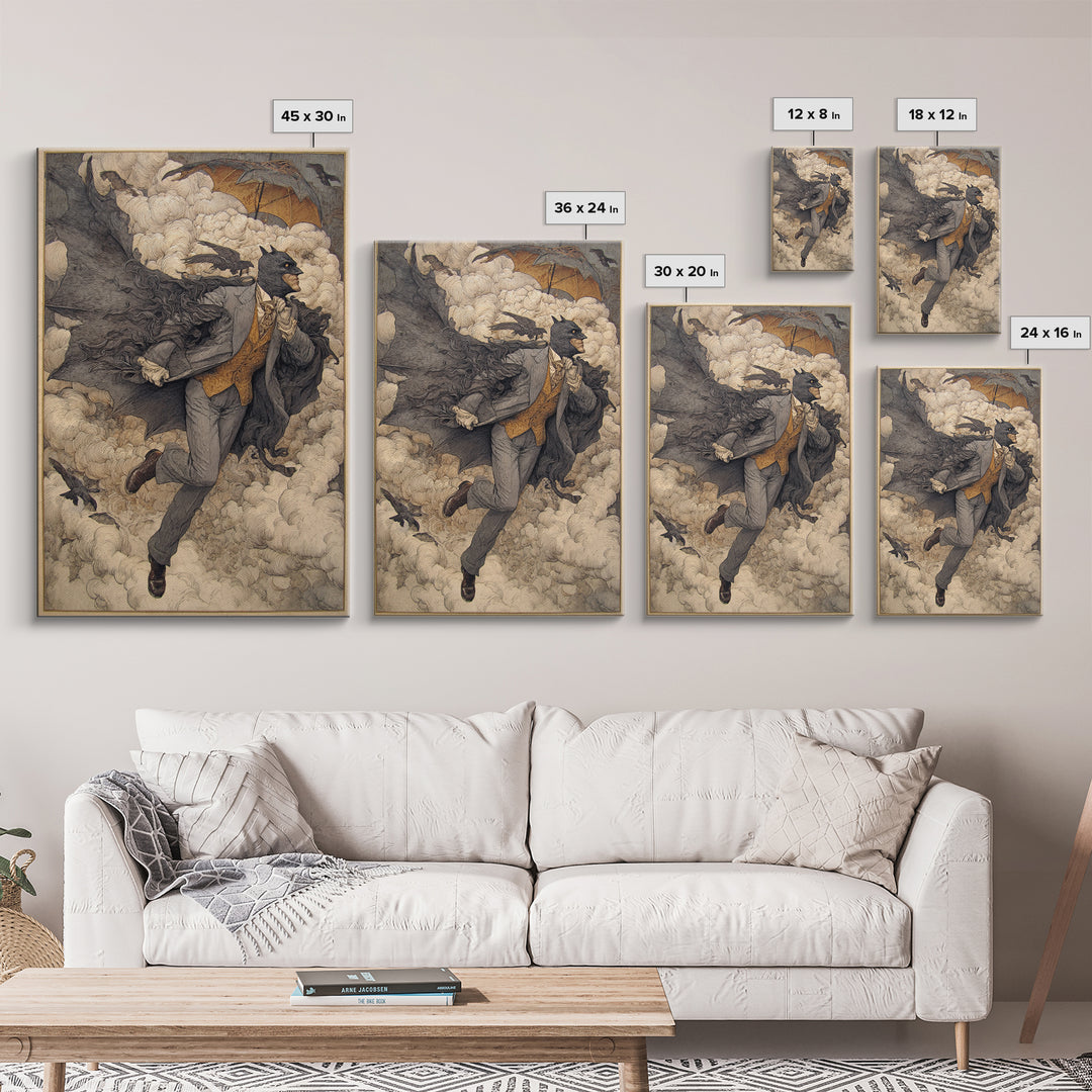 The Bat Umbrella Salesman, Symbolist Death Art, Vertical Wall Art, Dark Fantasy Wall Art, Canvas Print, Halloween Wall Art