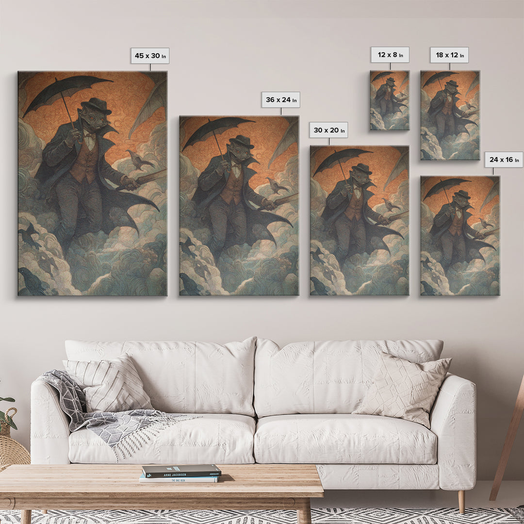 The Bat Umbrella Salesman, Dark Symbolist Art, Vertical Wall Art, Gothic Horror Wall Art, Canvas Print, Halloween Wall Art
