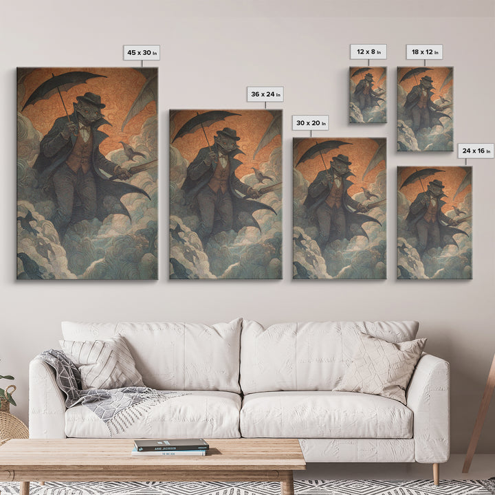 The Bat Umbrella Salesman, Dark Symbolist Art, Vertical Wall Art, Gothic Horror Wall Art, Canvas Print, Halloween Wall Art