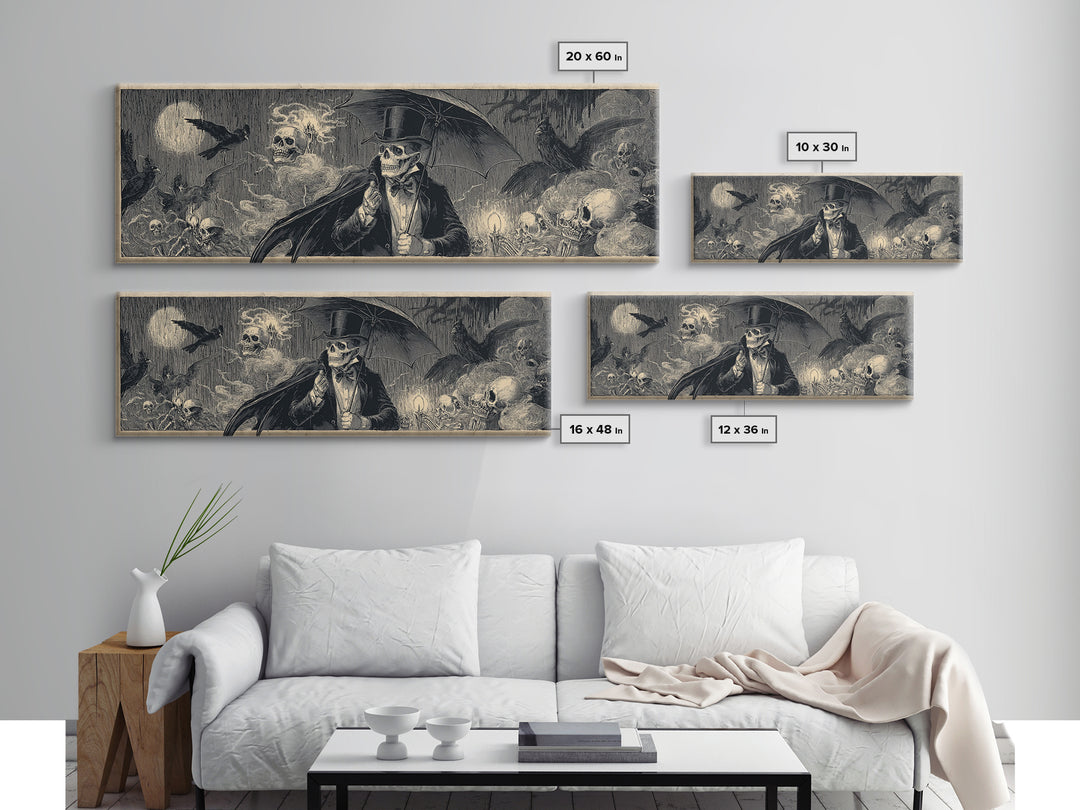 The Bat Umbrella Salesman, Macabre Folk Print Art, Extra Wide Wall Art, Dark Fantasy Wall Art, Canvas Print, Halloween Wall Art