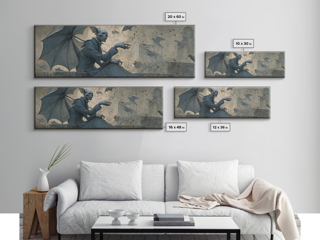 The Bat Umbrella Salesman, Surreal Apocalyptic Art, Extra Wide Wall Art, Macabre Wall Art, Framed Canvas Print, Halloween Wall Art