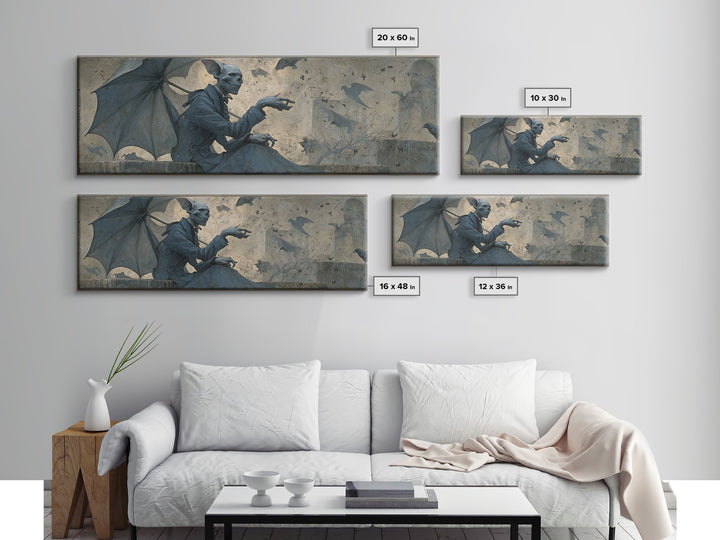 The Bat Umbrella Salesman, Surreal Apocalyptic Art, Extra Wide Wall Art, Macabre Wall Art, Framed Canvas Print, Halloween Wall Art
