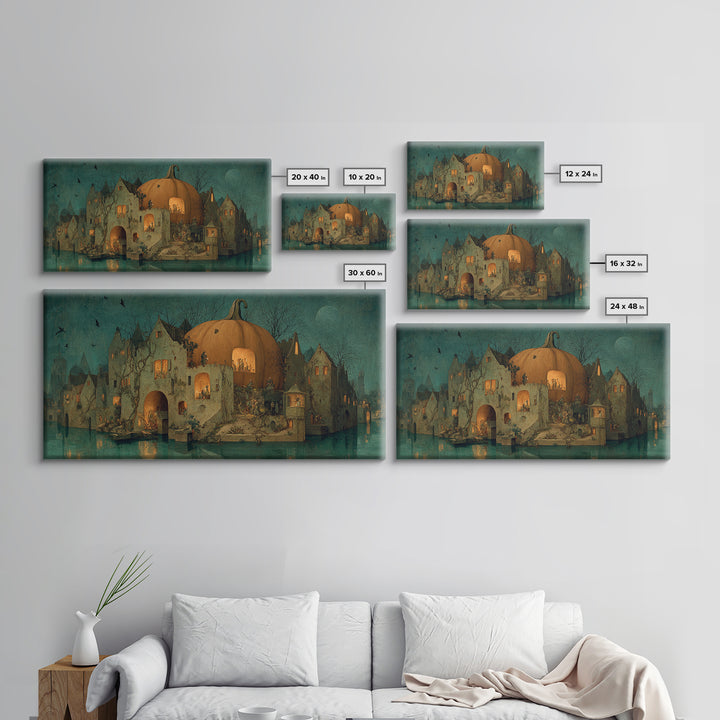 The Pumpkin-House Neighborhood, Medieval Grotesque Art, Wide Panoramic Art, Macabre Wall Art, Framed Canvas Print, Halloween Wall Art