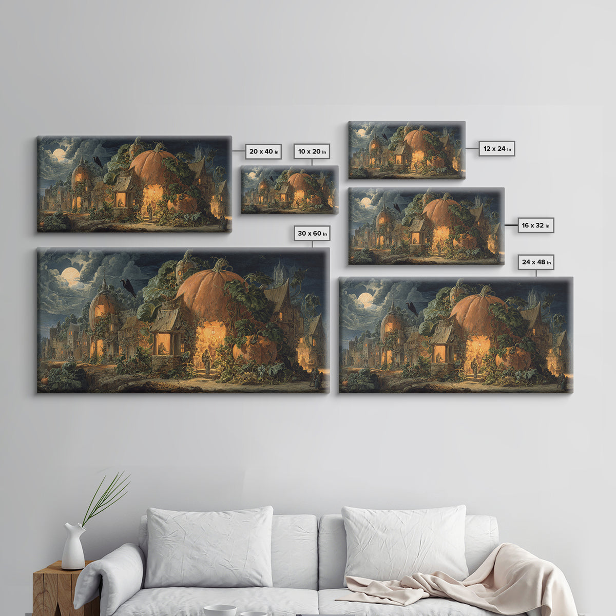 The Pumpkin-House Neighborhood, Dark Renaissance Art, Wide Panoramic Art, Dark Halloween Decor, Framed Canvas Print
