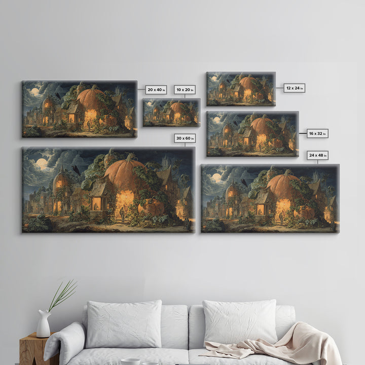The Pumpkin-House Neighborhood, Dark Renaissance Art, Wide Panoramic Art, Dark Halloween Decor, Framed Canvas Print