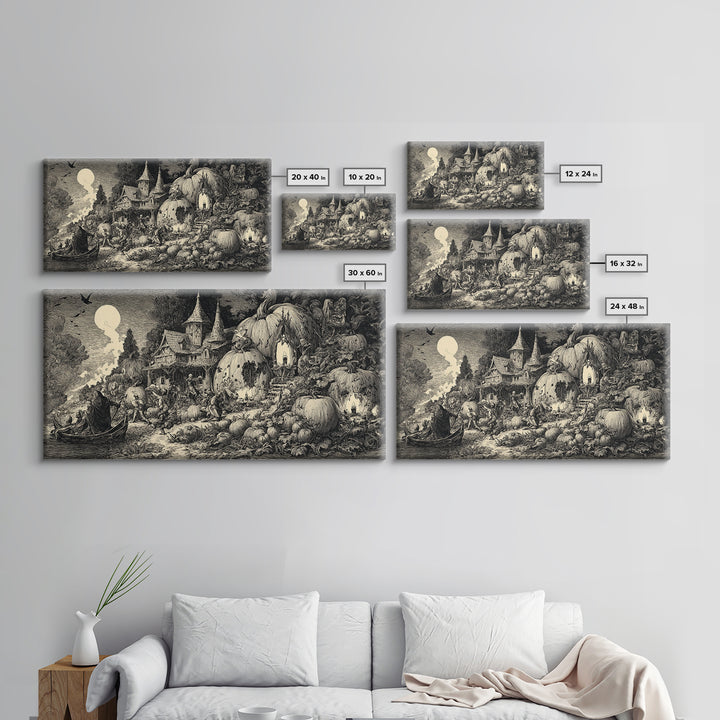 The Pumpkin-House Neighborhood, Renaissance Engraving Art, Wide Panoramic Art, Dark Halloween Decor, Canvas Print, Halloween Wall Art