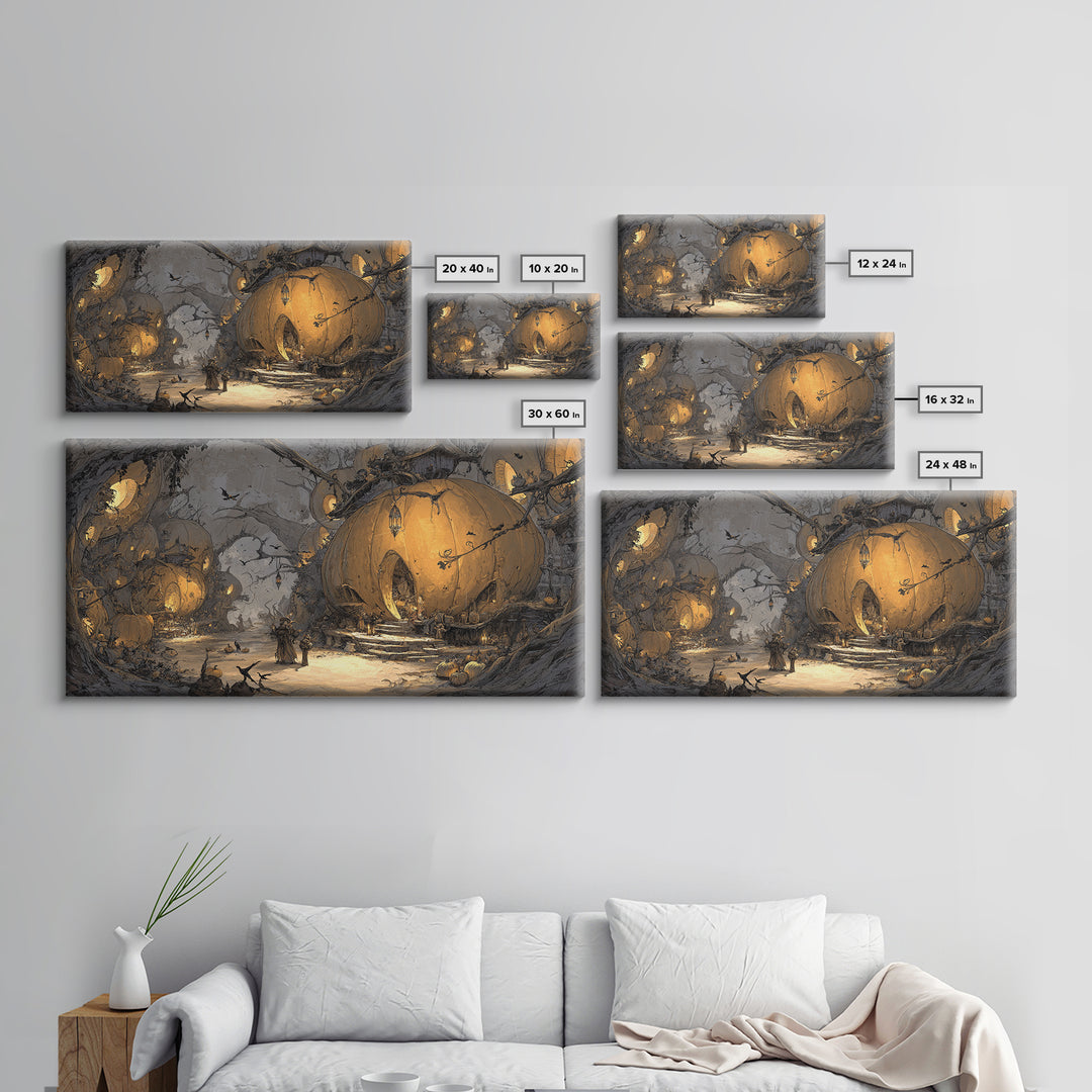 The Pumpkin-House Neighborhood, Baroque Witchcraft Art, Wide Panoramic Art, Dark Halloween Decor, Framed Canvas Print