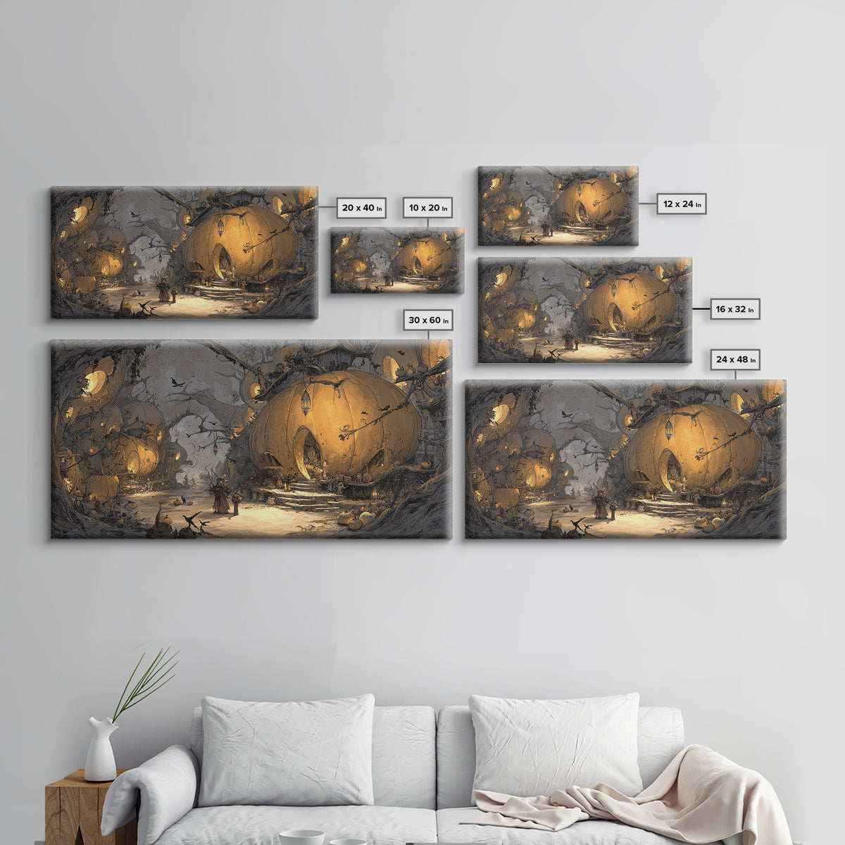 The Pumpkin-House Neighborhood, Baroque Witchcraft Art, Wide Panoramic Art, Dark Halloween Decor, Framed Canvas Print