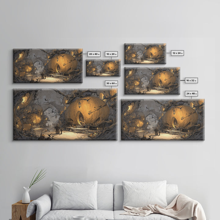 The Pumpkin-House Neighborhood, Baroque Witchcraft Art, Wide Panoramic Art, Dark Halloween Decor, Framed Canvas Print