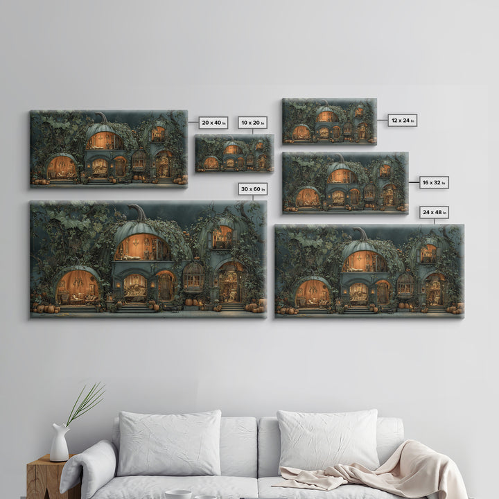 The Pumpkin-House Neighborhood, Gothic Nightmare Art, Wide Panoramic Art, Dark Halloween Decor, Canvas Print, Halloween Wall Art
