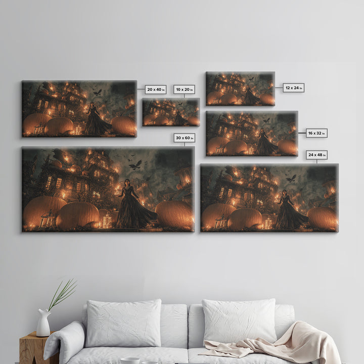 The Pumpkin-House Neighborhood, Visionary Gothic Art, Wide Panoramic Art, Macabre Wall Art, Framed Canvas Print, Halloween Wall Art