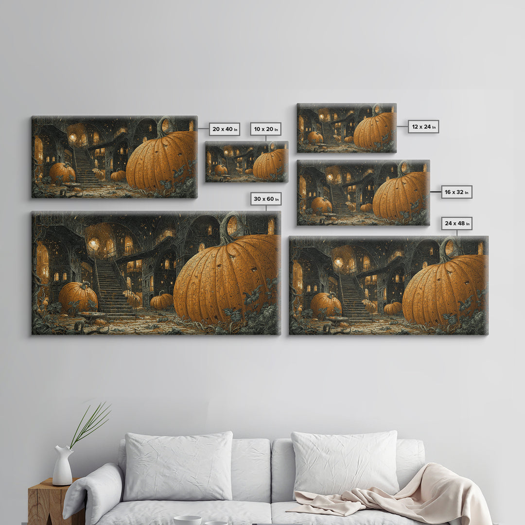The Pumpkin-House Neighborhood, Architectural Etching Art, Wide Panoramic Art, Gothic Horror Wall Art, Canvas Print