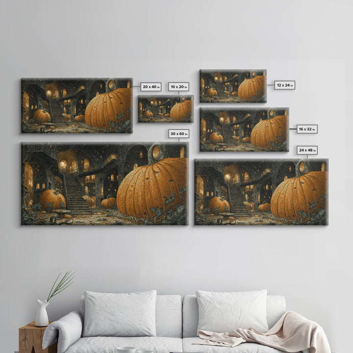 The Pumpkin-House Neighborhood, Architectural Etching Art, Wide Panoramic Art, Gothic Horror Wall Art, Canvas Print