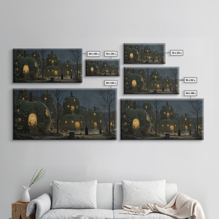 The Pumpkin-House Neighborhood, Romantic Gothic Landscape, Wide Panoramic Art, Macabre Wall Art, Framed Canvas Print