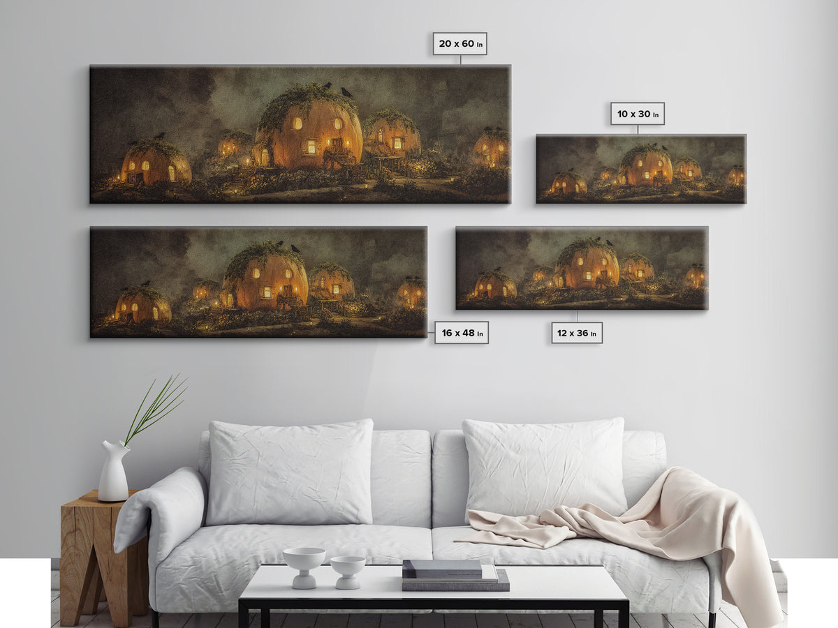The Pumpkin-House Neighborhood, Symbolist Dream Art, Extra Wide Wall Art, Dark Fantasy Wall Art, Framed Canvas Print, Halloween Decor