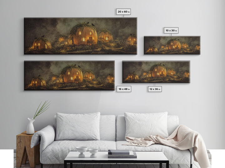 The Pumpkin-House Neighborhood, Symbolist Dream Art, Extra Wide Wall Art, Dark Fantasy Wall Art, Framed Canvas Print, Halloween Decor