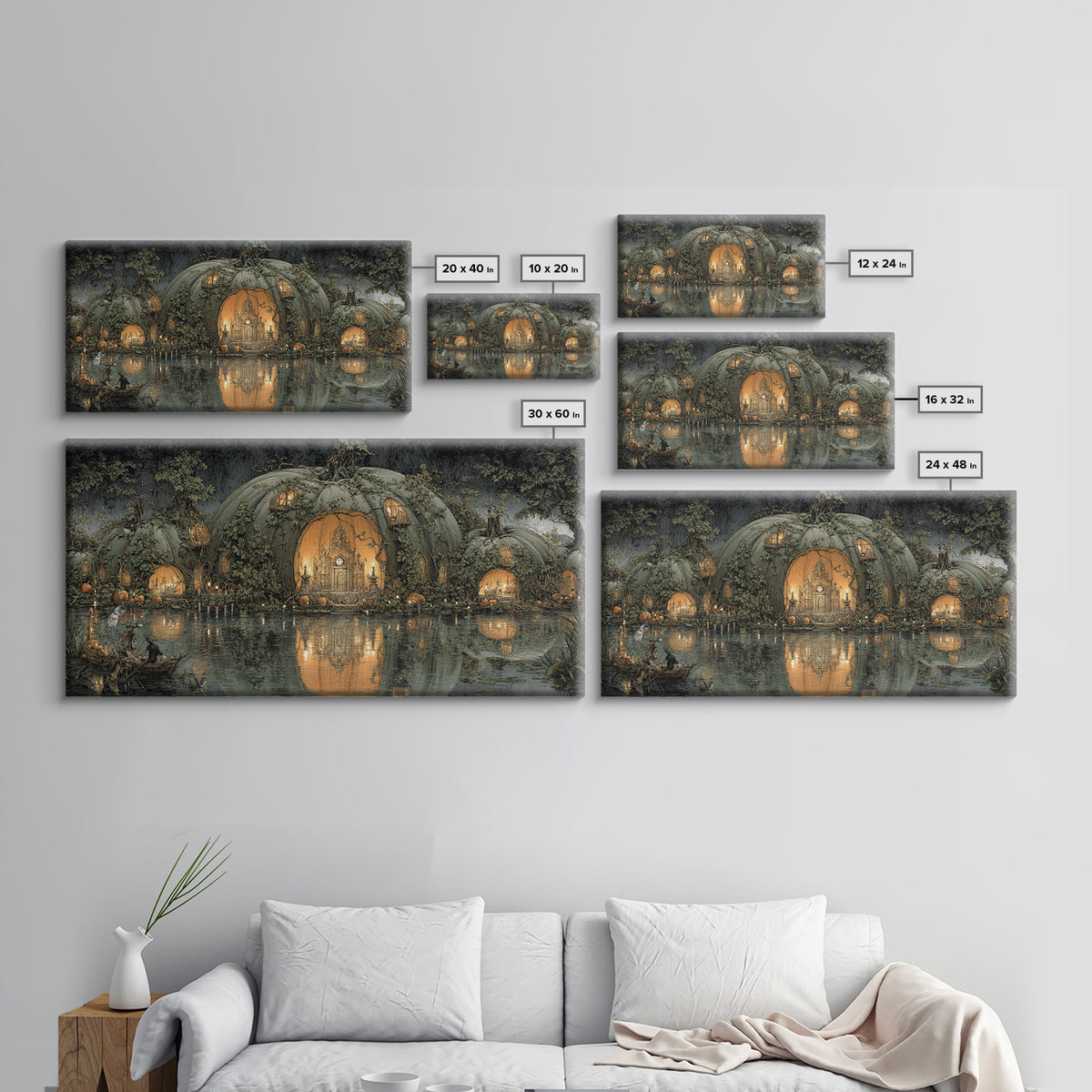 The Pumpkin-House Neighborhood, Symbolist Gothic Landscape, Wide Panoramic Art, Dark Halloween Decor, Canvas Print, Halloween Wall Art