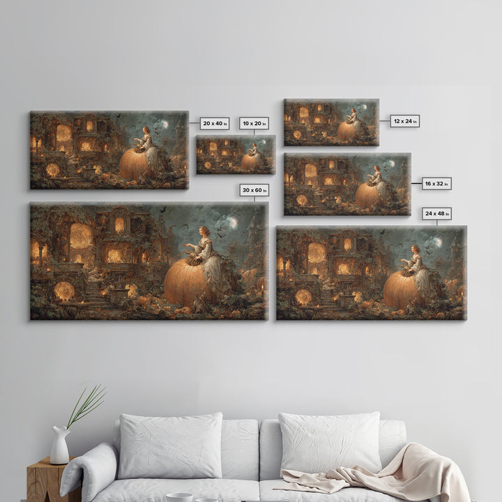 The Pumpkin-House Neighborhood, Ornate Symbolist Art, Wide Panoramic Art, Dark Halloween Decor, Framed Canvas Print