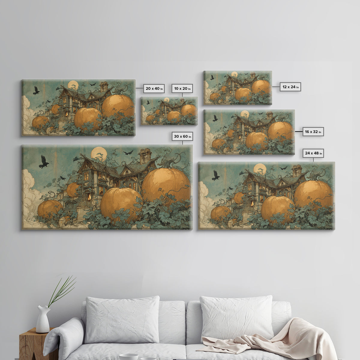 The Pumpkin-House Neighborhood, Decadent Gothic Art, Wide Panoramic Art, Dark Fantasy Wall Art, Framed Canvas Print