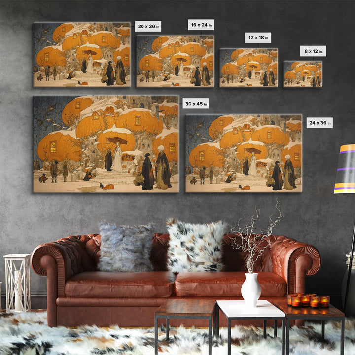The Pumpkin-House Neighborhood, Symbolist Death Art, Landscape Wall Art, Macabre Wall Art, Framed Canvas Print, Halloween Wall Art
