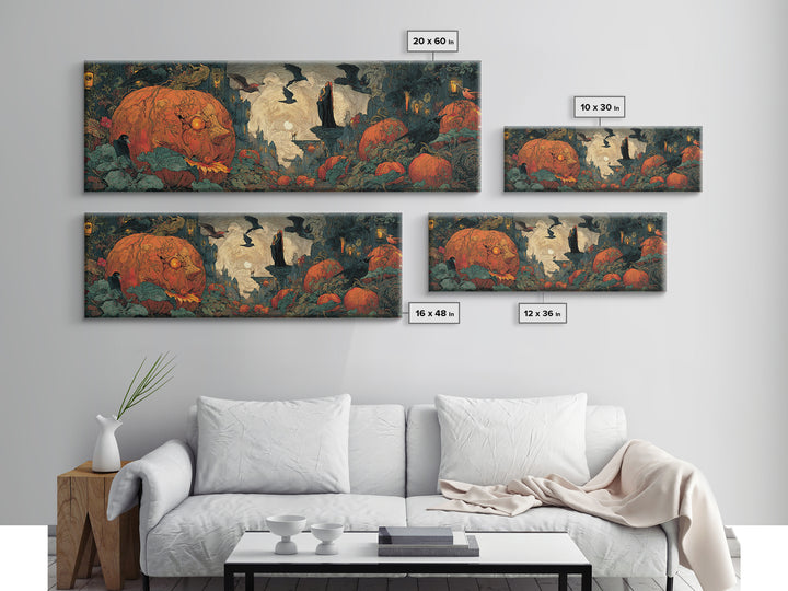 The Pumpkin-House Neighborhood, Dark Symbolist Art, Extra Wide Wall Art, Macabre Wall Art, Framed Canvas Print, Halloween Wall Art