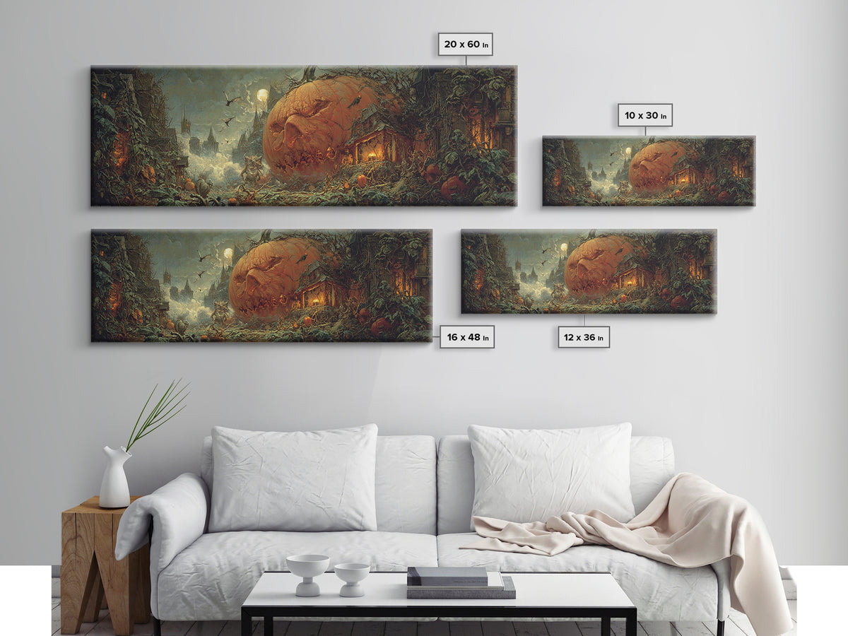 The Pumpkin-House Neighborhood, Symbolist Etching Art, Extra Wide Wall Art, Gothic Horror Wall Art, Framed Canvas Print, Dark Fantasy Art