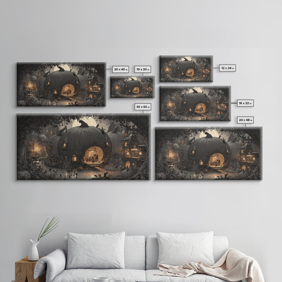 The Pumpkin-House Neighborhood, Expressionist Nightmare Art, Wide Panoramic Art, Gothic Horror Wall Art, Framed Canvas Print
