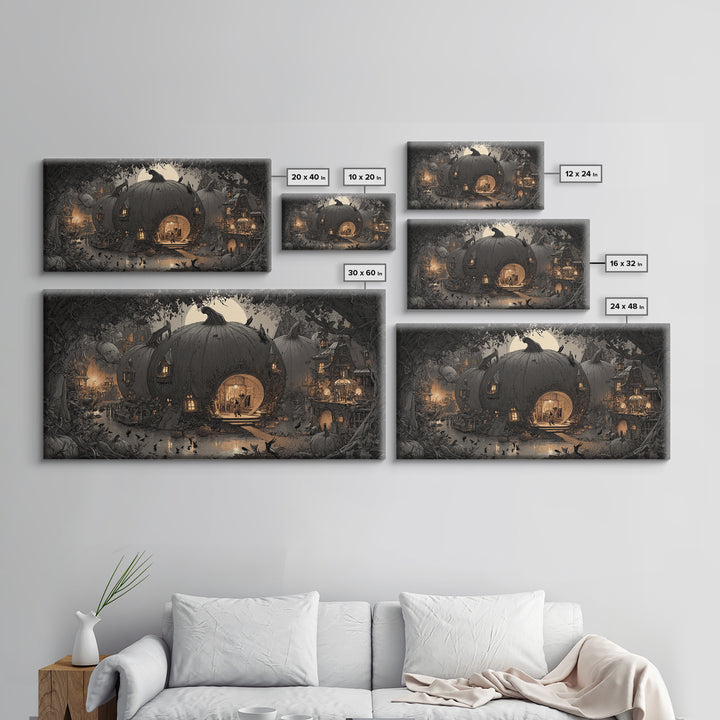 The Pumpkin-House Neighborhood, Expressionist Nightmare Art, Wide Panoramic Art, Gothic Horror Wall Art, Framed Canvas Print