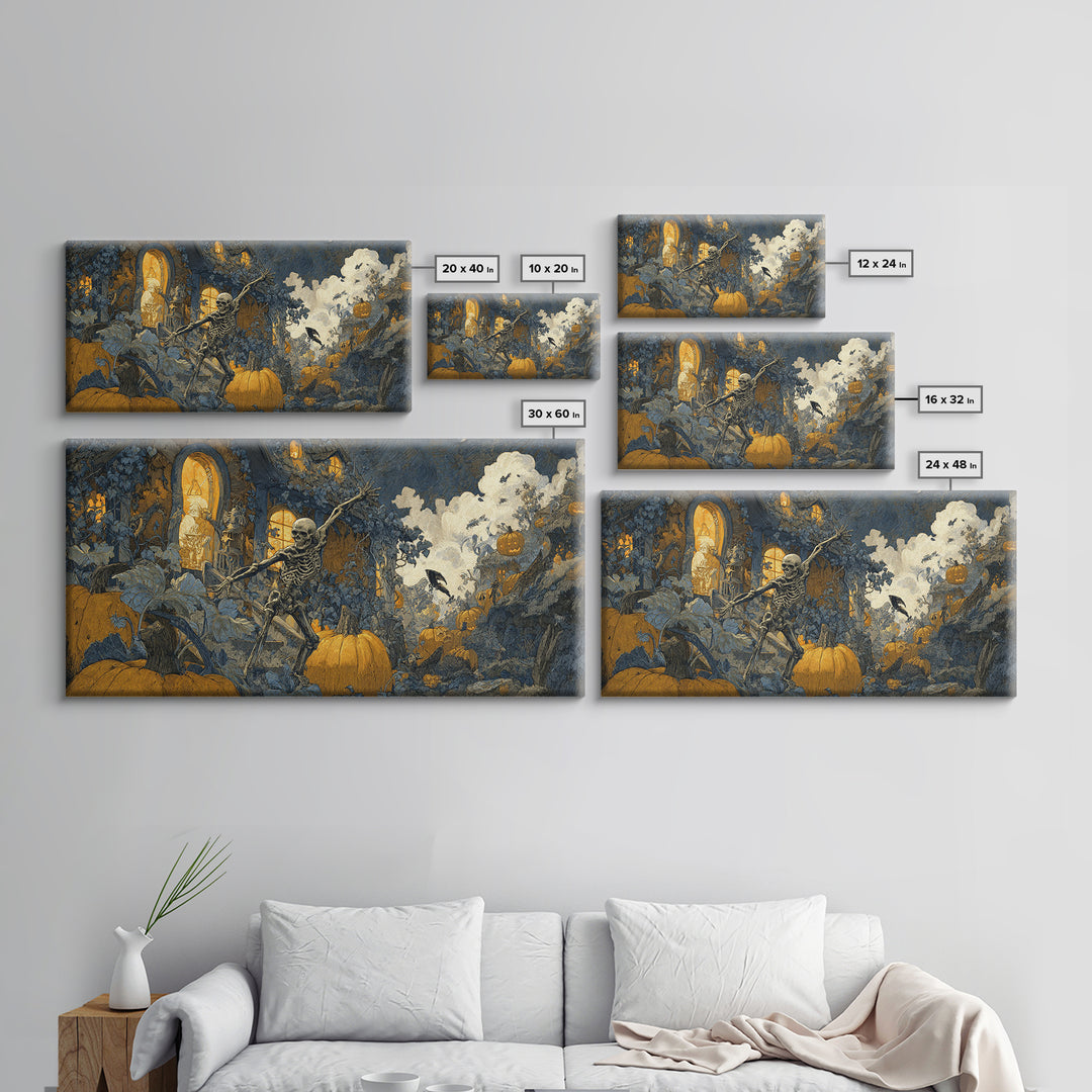 The Pumpkin-House Neighborhood, Grotesque Carnival Art, Wide Panoramic Art, Dark Halloween Decor, Framed Canvas Print, Halloween Wall Art