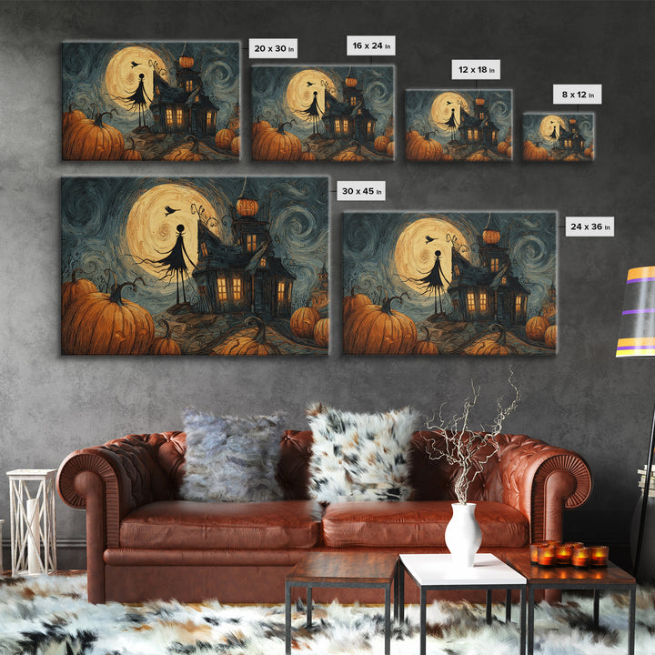 The Pumpkin-House Neighborhood, Expressionist Gothic Art, Landscape Wall Art, Gothic Horror Wall Art, Framed Canvas Print, Dark Fantasy Art