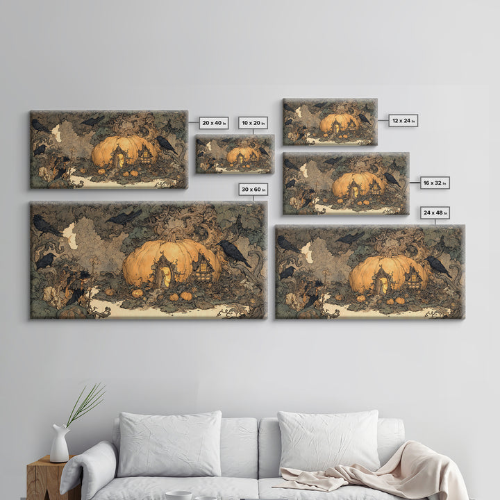 The Pumpkin-House Neighborhood, Gothic Storybook Art, Wide Panoramic Art, Gothic Horror Wall Art, Framed Canvas Print