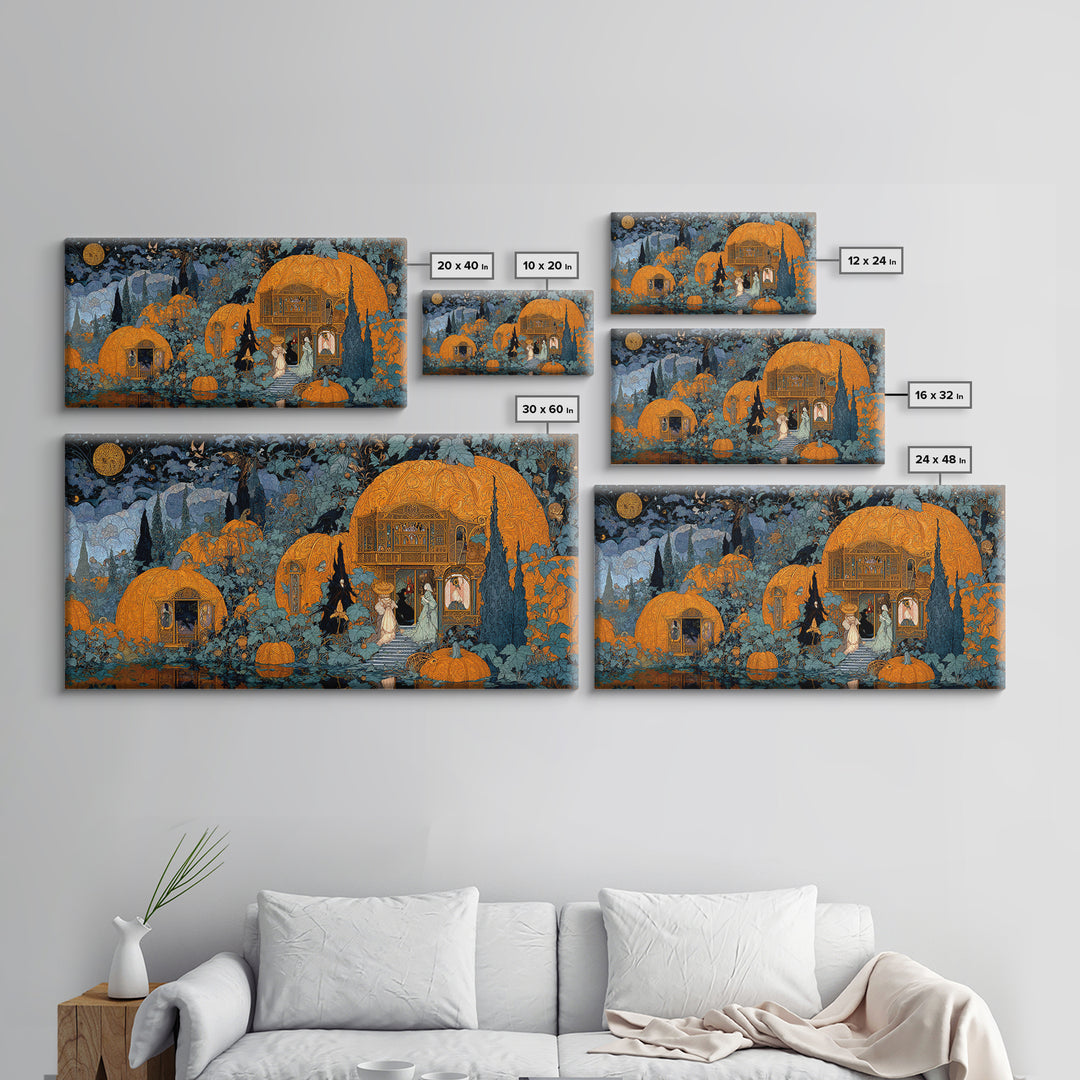 The Pumpkin-House Neighborhood, Stained Glass Gothic Art, Wide Panoramic Art, Dark Halloween Decor, Framed Canvas Print, Halloween Wall Art