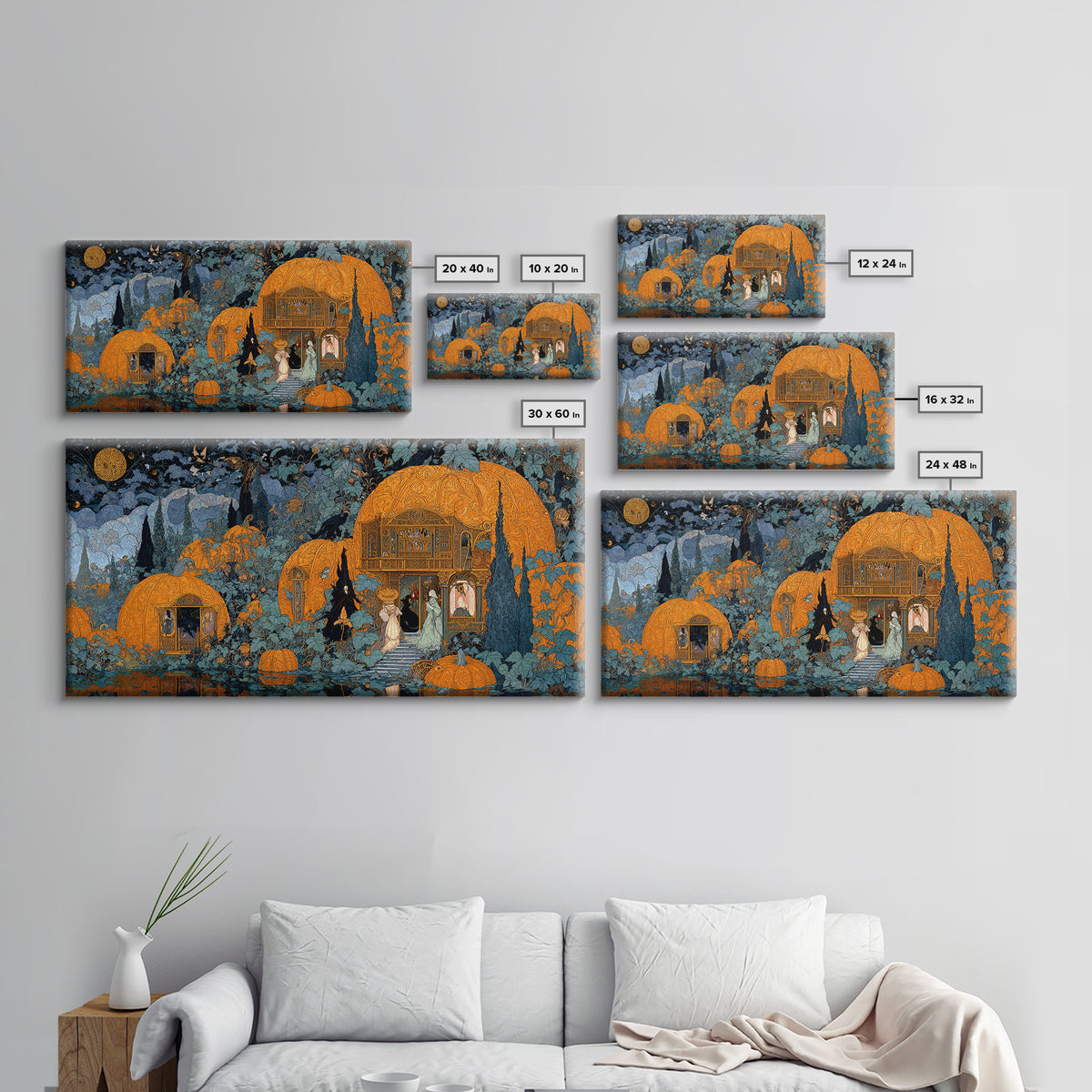 The Pumpkin-House Neighborhood, Stained Glass Gothic Art, Wide Panoramic Art, Dark Halloween Decor, Framed Canvas Print, Halloween Wall Art