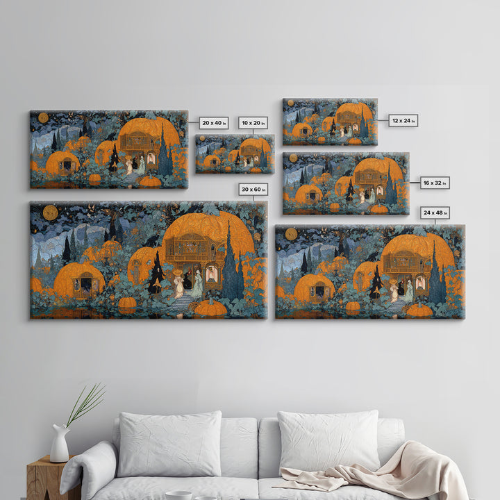 The Pumpkin-House Neighborhood, Stained Glass Gothic Art, Wide Panoramic Art, Dark Halloween Decor, Framed Canvas Print, Halloween Wall Art
