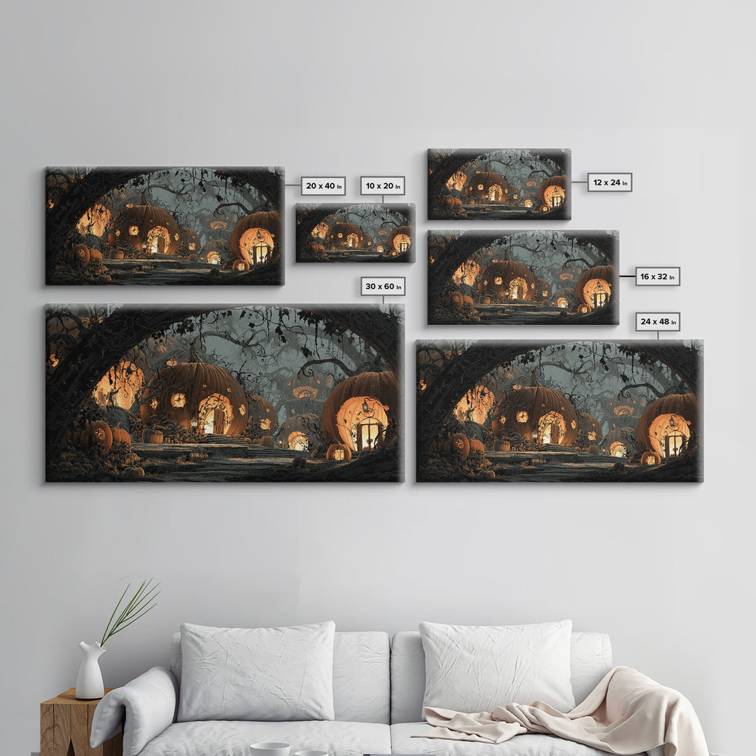 The Pumpkin-House Neighborhood, Macabre Folk Print Art, Wide Panoramic Art, Macabre Wall Art, Framed Canvas Print