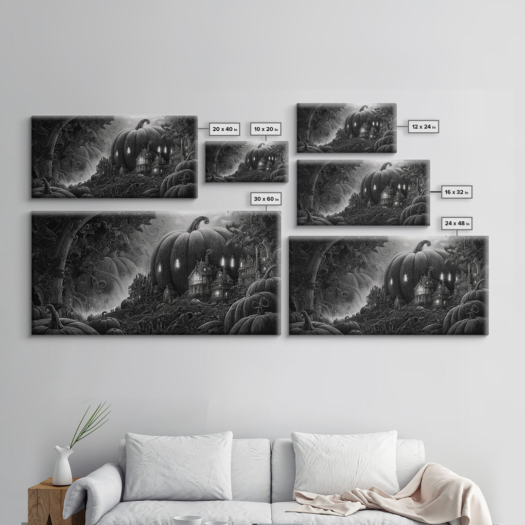The Pumpkin-House Neighborhood, Biomechanical Horror Art, Wide Panoramic Art, Dark Halloween Decor, Framed Canvas Print, Halloween Wall Art